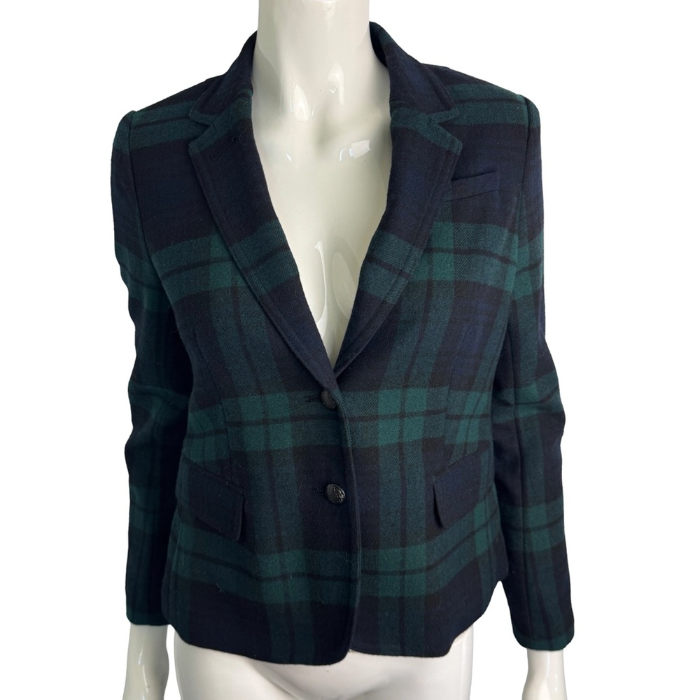 Banana Republic Green Navy Plaid Wool Blazer | Cropped Fit 4P Petite